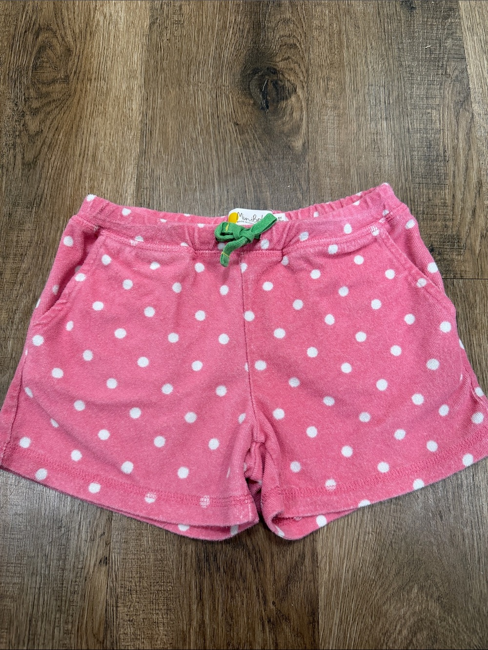 Mini Boden Pink Polka Dot Terry Shorts with Green Drawstring